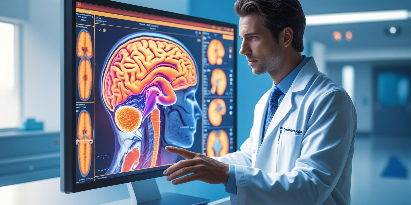 High-tech brain MRI scan displayed on a large monitor with a medical professional analyzing images in a modern hospital setting, clean and professional atmosphere, focus on technology and medical imaging